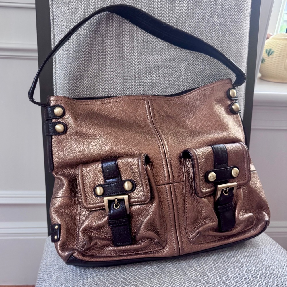 Tignanello Bronze Gold Metallic Pebbled Leather shoulder Bag Y2K Hobo Purse